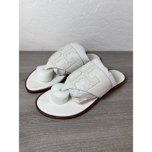 Tory Burch Jamie Full Logo Thong Calf Leather Sandals In Ivory Size 7 Womens NIB - Picture 2 of 7